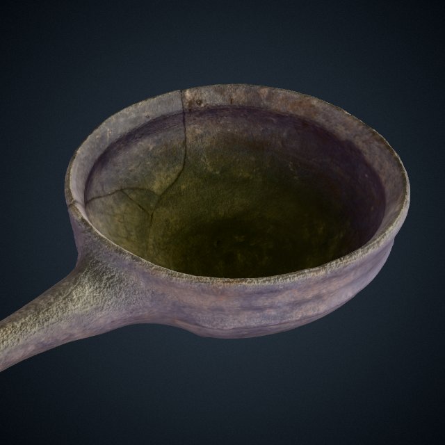Grey ware ceramic cup in the shape of a poêlon